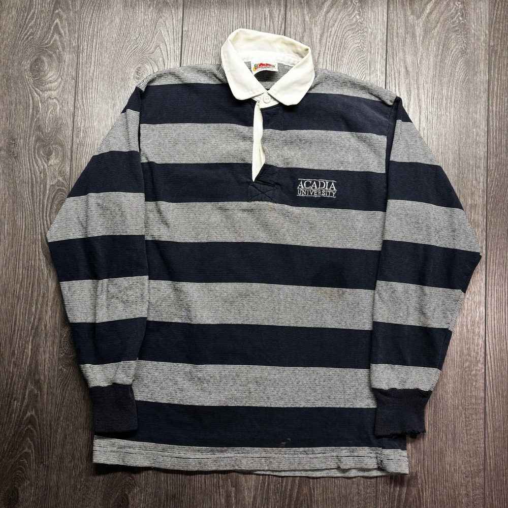 Vintage Barbarian Acadia University Rugby Shirt Mens Large Striped Navy Gray